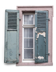 Old window with wooden shutters and flaking off paint. Isolated on white background with clipping path