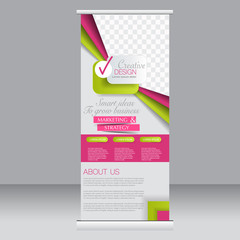 Roll up banner stand template. Abstract background for design,  business, education, advertisement. Green and pink color. Vector  illustration.