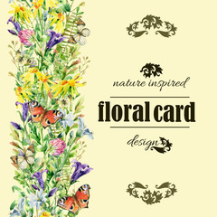 Watercolor wild flowers card in vintage style