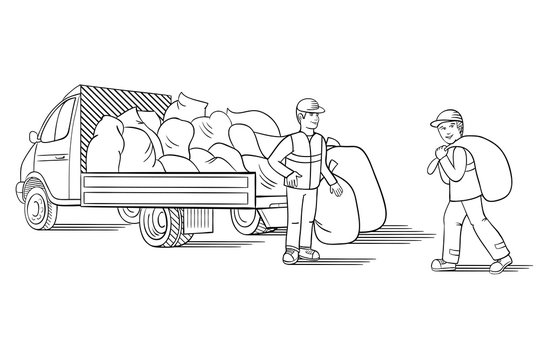 Vector illustration of truck with cargo for moving or relocation with moving men carrying load.