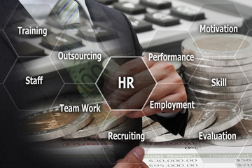 Double Exposure Businessman putting euro banknotes in suit pocket with virtual panel of human resource management , Business concept