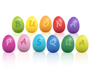 BUONA PASQUA - Happy Easter in italian language - written with colorful easter eggs. Isolated vector illustration on white background.