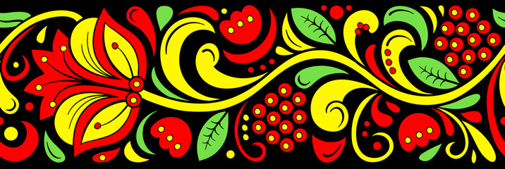 Traditional Russian vector seamless pattern in khokhloma style. Hohloma Russian folk native ornament.