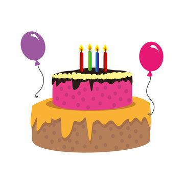 color silhouette with birthday cake and candles and balloons vector illustration