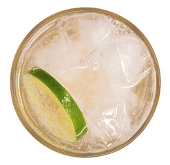 Fresh cocktail lemonade, honey lemon soda with lime slice and mint top view isolated on white background, clipping path include