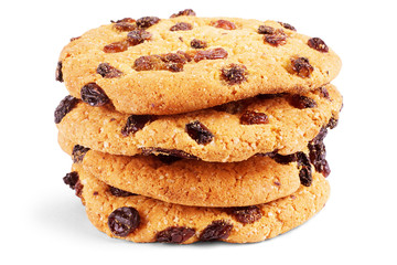 Oatmeal cookies with raisin on white background