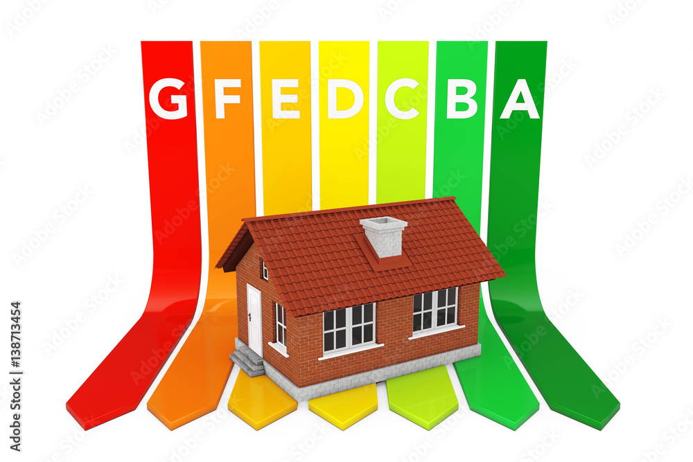 Poster house over energy efficiency rating chart. 3d rendering