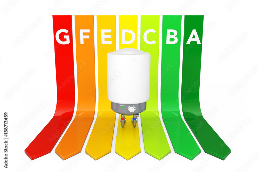 Poster modern automatic water heater over energy efficiency rating chart. 3d rendering