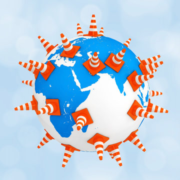 Traffic Cones over Earth Globe. 3d Rendering