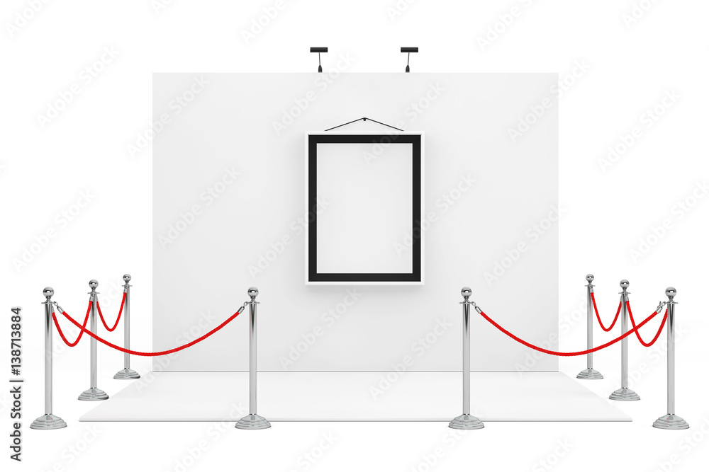 Poster barrier rope around trade show booth with white picture frame. 3d rendering
