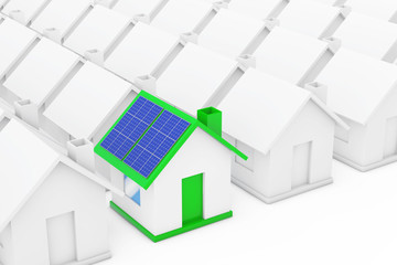 Green House with Blue Solar Panels in among White Houses. 3d Rendering