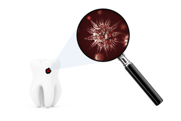 Bacterias and Viruses on a Tooth Seens Through Magnifying Glass. 3d Rendering
