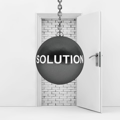 Wrecking Ball with Solution Sign Ready to Destroy Brick Wall wich Blocked White Opened Door. 3d Rendering