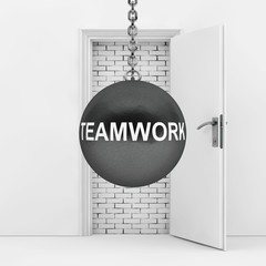 Wrecking Ball with Teamwork Sign Ready to Destroy Brick Wall wich Blocked White Opened Door. 3d Rendering