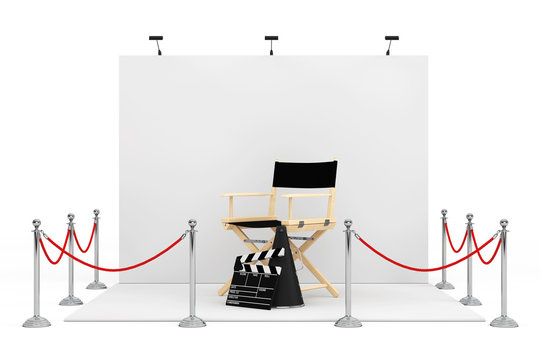 Barrier Rope Around Trade Show Booth with Director Chair, Movie Clapper and Megaphone. 3d Rendering