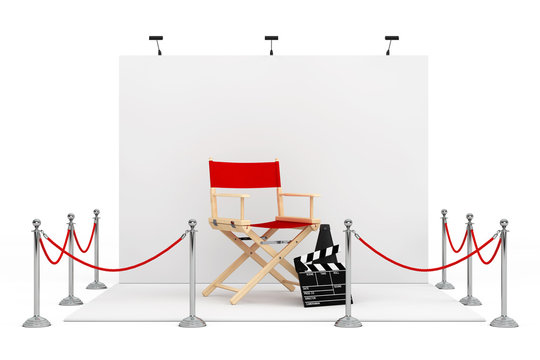 Barrier Rope Around Trade Show Booth with Director Chair, Movie Clapper and Megaphone. 3d Rendering