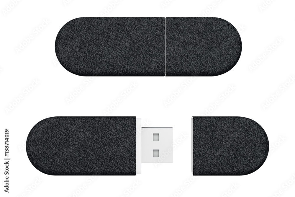 Poster black leather usb flash memory drives. 3d rendering