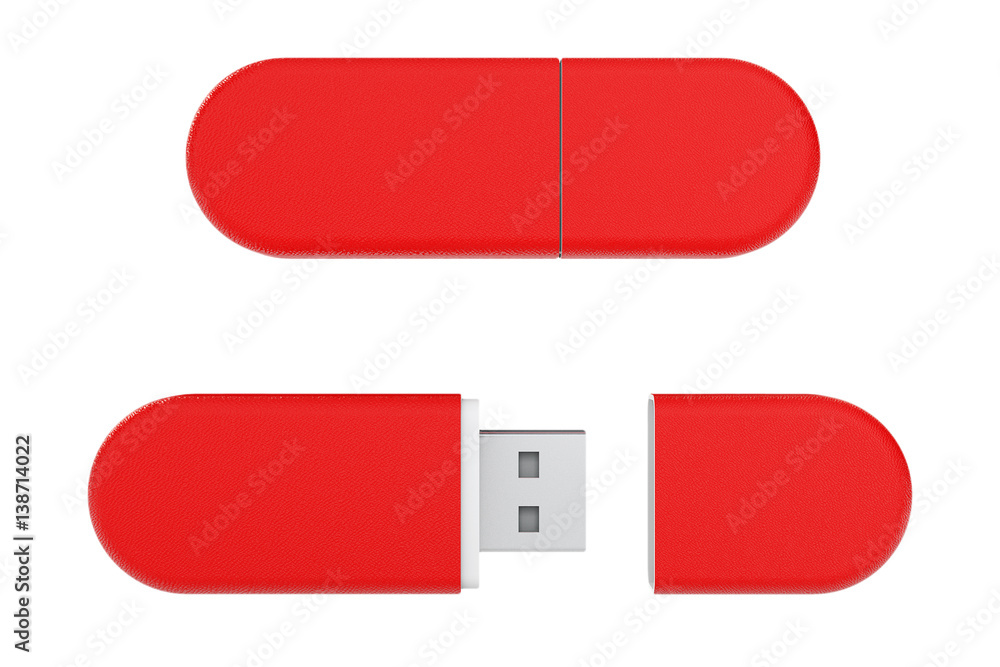 Poster red leather usb flash memory drives. 3d rendering