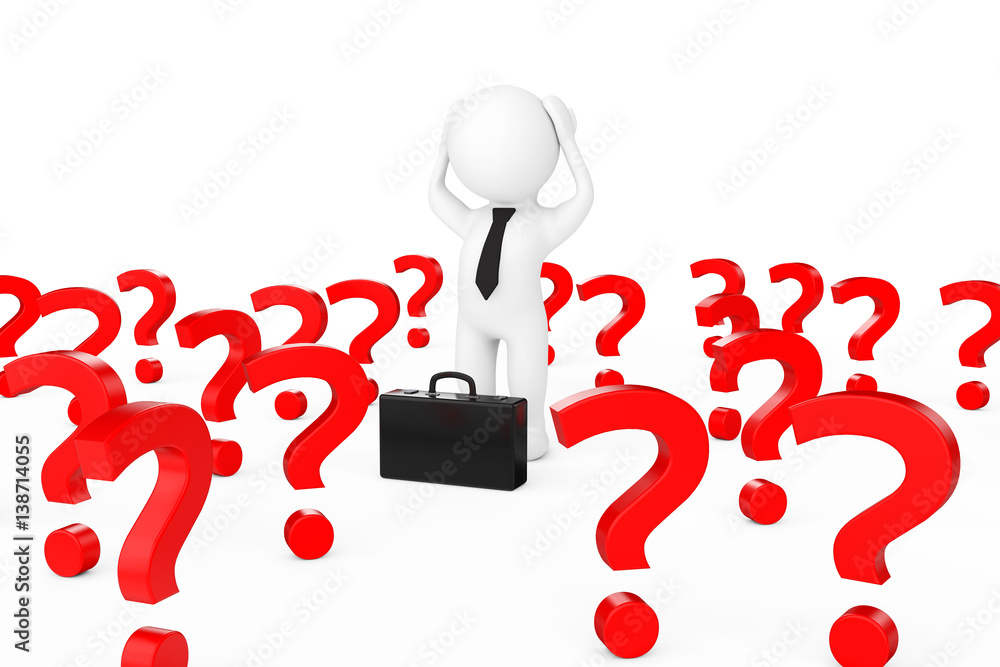 Aufkleber 3d businessman stressed in centre of many question marks. 3d rendering