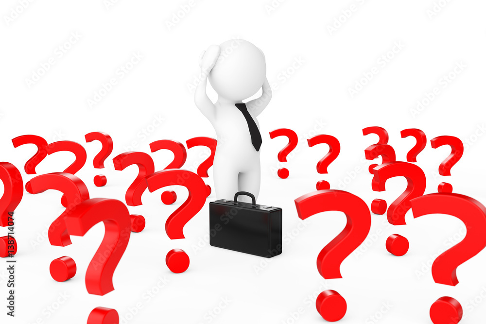Poster 3d businessman stressed in centre of many question marks. 3d rendering