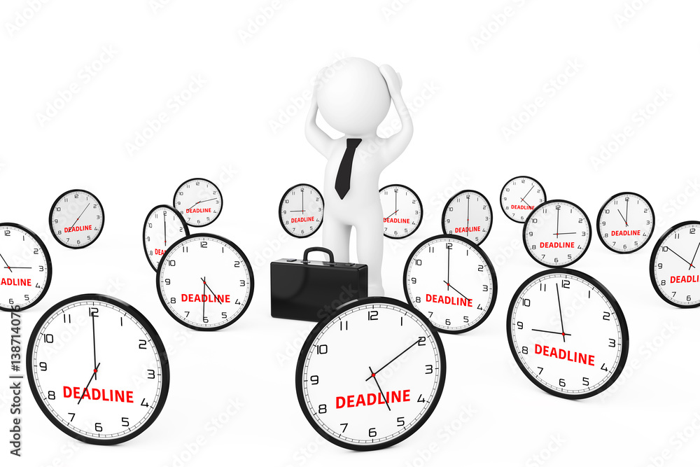 Poster 3d businessman stressed in centre of many clock with deadline sign. 3d rendering