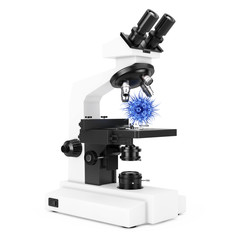 Modern Laboratory Microscope and Blue Virus Cell or Bacteria. 3d Rendering