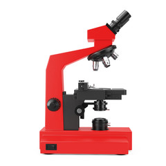 Red Modern Laboratory Microscope. 3d Rendering