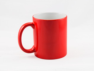 Red cup for coffee, tea. Empty space for printing