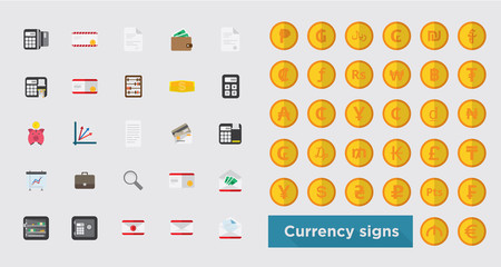 web icon set - money, finance, payments, currency symbol on gold coin