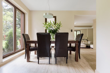 Bright dining space with wooden table
