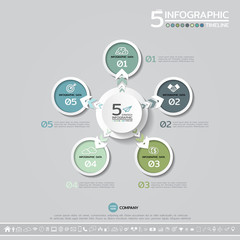 Vector geometric Infographics design template in 5 steps, options or processes for cycle diagram, graph, presentation and chart with icon set.