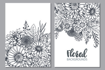 Floral backgrounds with hand drawn flowers and plants