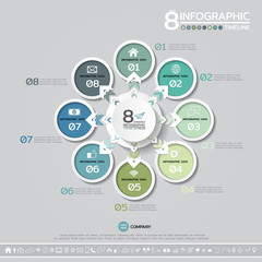 Vector geometric Infographics design template in 8 steps, options or processes for cycle diagram, graph, presentation and chart with icon set.
