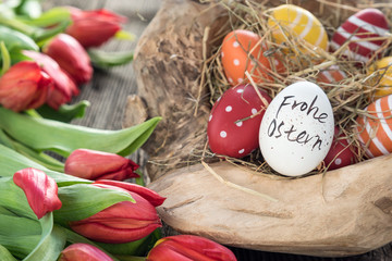 Rote Tulpen und Osternest mit Eiern