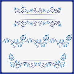 Floral border. Gzhel. Template design in ethnic style Gzhel porcelain painting with flowers branches and leaves. Vector.