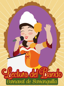 Barranquilla's Carnival Queen Opening the Event with the Royal Proclamation, Vector Illustration