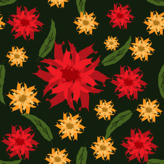 Fototapeta premium Floral background. Flowers and leaves painted brush strokes. Seamless pattern.