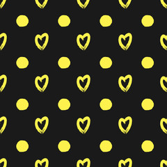 Silhouettes hearts and spots painted rough brush. Seamless pattern.