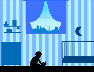 Child reading a book in the room sitting on the floor, one in the series of similar images silhouette
