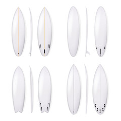 Realistic Surfboard Vector Set. White Surfing Board Template Isolated On White Background.