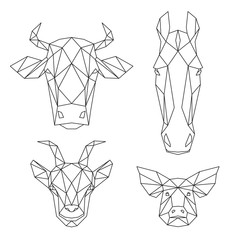 Animali della fattoria, mucca, cavallo, capra, maiale, design polygonale, linee nere sullo sfondo bianco