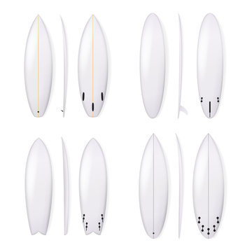 Realistic Surfboard Vector Set. White Surfing Board Template Isolated On White Background.