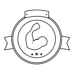 frame with ribbon and silhouette muscular arms with stars shape vector illustration