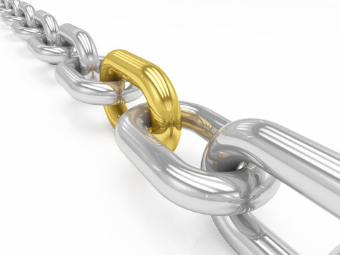 3D rendering Chain with gold link on white background