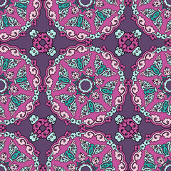 Vector abstract seamless patchwork pattern. Arabic tile texture with geometric and floral ornaments. Decorative elements for textile, book covers, print, gift wrap. Vintage boho style.