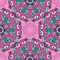 Vector abstract seamless patchwork pattern. Arabic tile texture with geometric and floral ornaments. Decorative elements for textile, book covers, print, gift wrap. Vintage boho style.