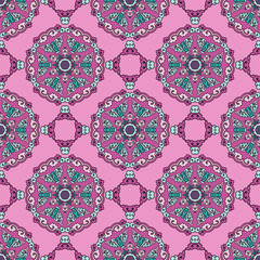 Vector abstract seamless patchwork pattern. Arabic tile texture with geometric and floral ornaments. Decorative elements for textile, book covers, print, gift wrap. Vintage boho style.