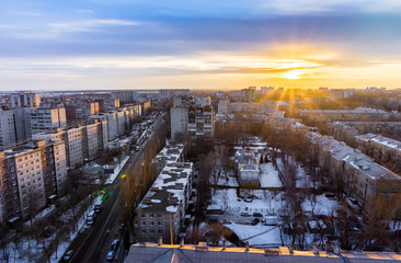 Top view from roof at Voronezh cityscape sunset, hdr photo, city