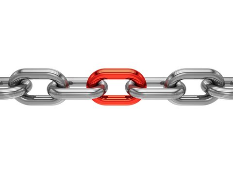 3D rendering Chain with red link on white background