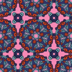 Fotobehang Marokkaanse tegels Vector abstracte naadloze lappendeken patroon. Arabische tegeltextuur met geometrische en bloemenornamenten. Decoratieve elementen voor textiel, boekomslagen, print, cadeaupapier. Vintage boho-stijl.